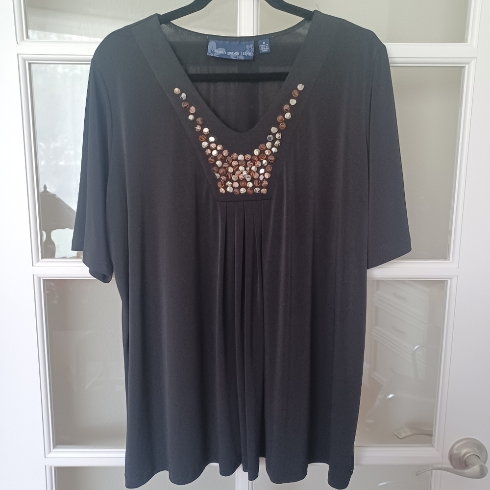Susan Graver Black Silky Womens Top 1X Upper Arm Coverage Beaded Neck